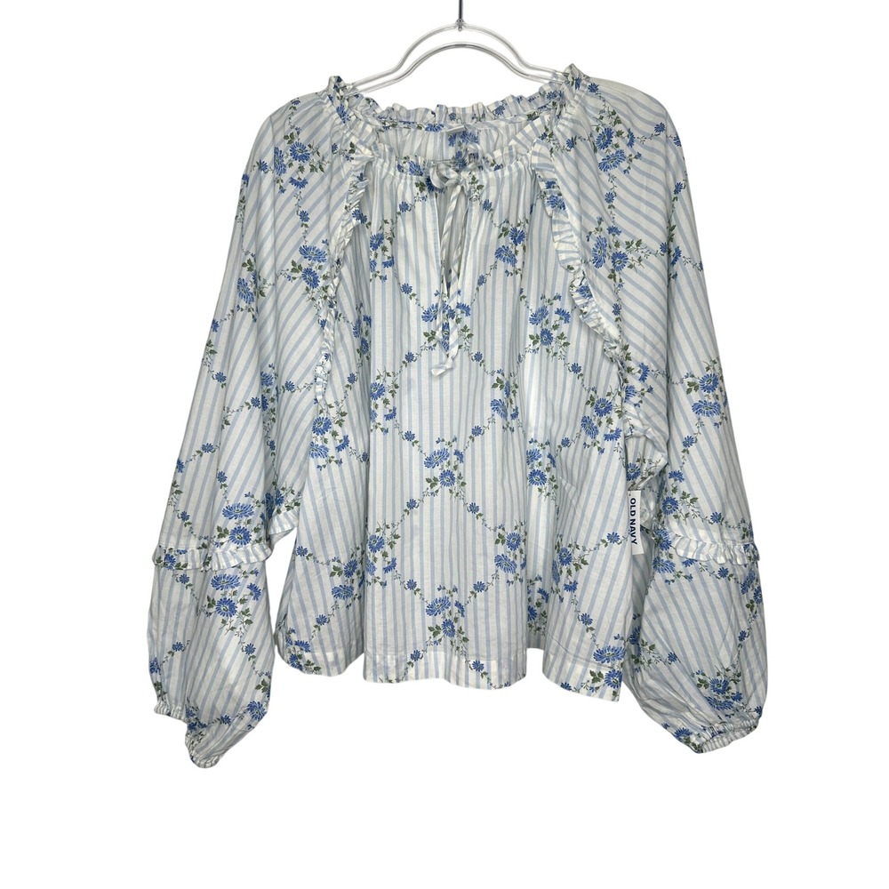 Old Navy Cottagecore Ruffle Balloon Sleeve Top Size XL White Blue Floral Boho‎